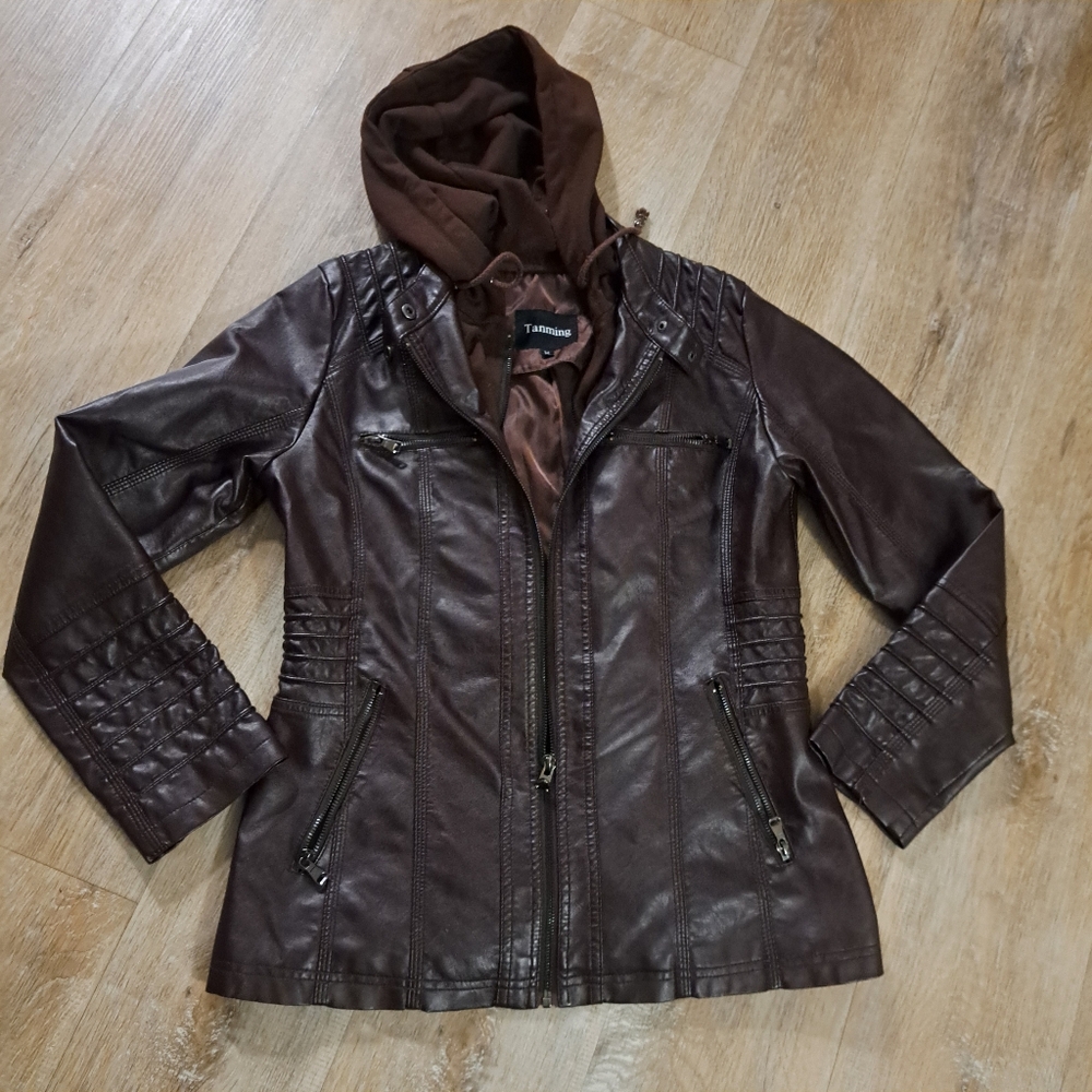 Tanming Coffee Brown Faux Leather Hooded Jacket Pockets Women's Size Medium